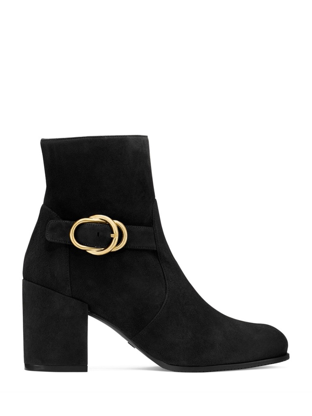 Stuart Weitzman Benedicta Bootie Black Suede Gold Buckle Sz 8 / 38.5 Narrow NWT